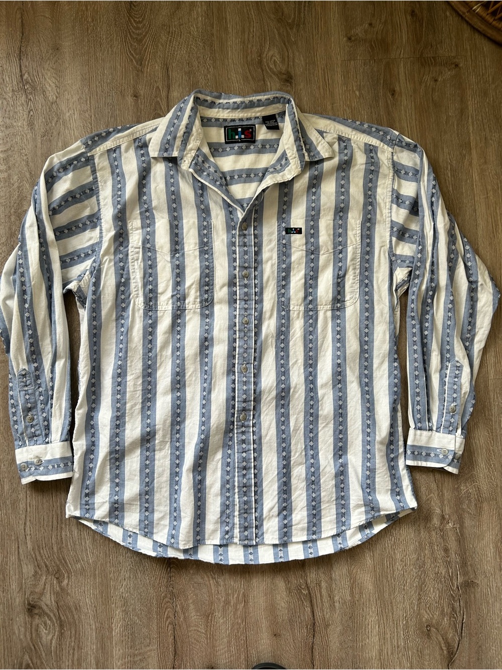 Vintage Blue & White Striped Cotton Button-Up Shirt